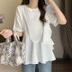 Large size fat mm ruffled spliced ​​short-sleeved T-shirt for women 2024 summer new design, age-reducing slim top for women

