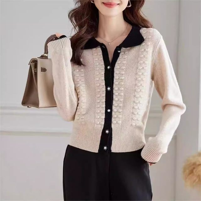 Temperament color-blocking lapel knitted cardigan for women for women's short 2025 spring and autumn new high-end exterior sweater jacket top
