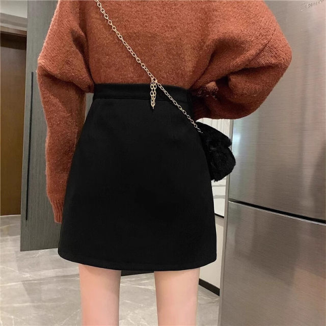 Black skirt autumn and winter large size women's high waist slim hip-packing one-step skirt fat mm versatile A-line zipper short skirt