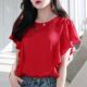 Temperate ruffled chiffon shirt short-sleeved 2024 summer new large size loose slim T-shirt belly covering top for women
