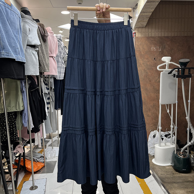 Forest sweet solid color spliced ​​and pleated A-line skirt for women 2025 spring new mid-length fluffy cake skirt