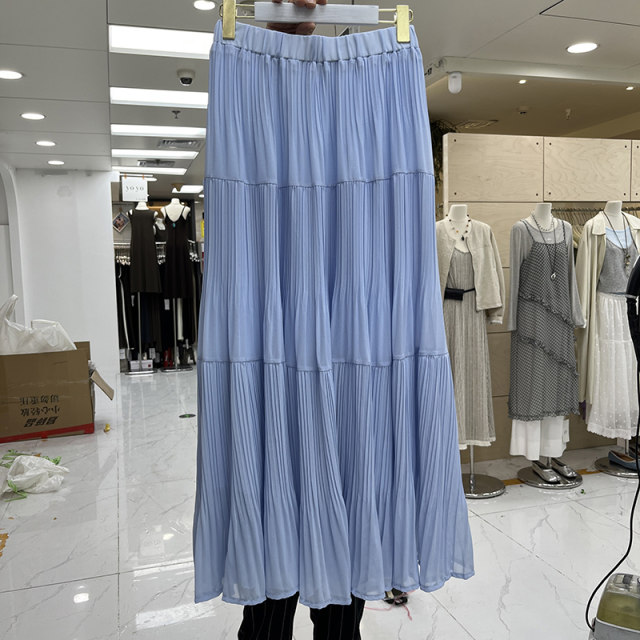 Korean solid color pressed pleated chiffon skirt for women in spring and summer 2025 new high-waisted pleated a-line long skirt