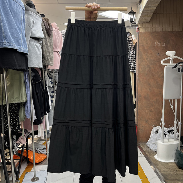 Forest sweet solid color spliced ​​and pleated A-line skirt for women 2025 spring new mid-length fluffy cake skirt