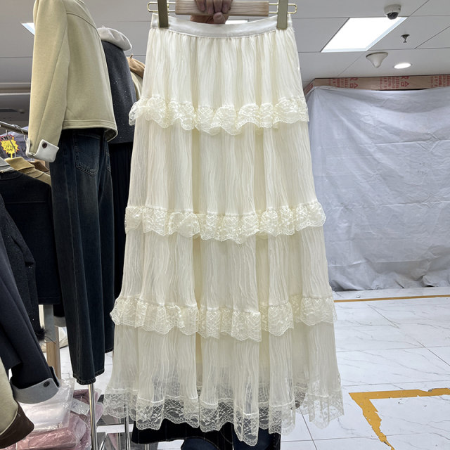 Super fairy sweet lace mesh fairy cake skirt long skirt 2025 early spring new Korean temperament versatile skirt