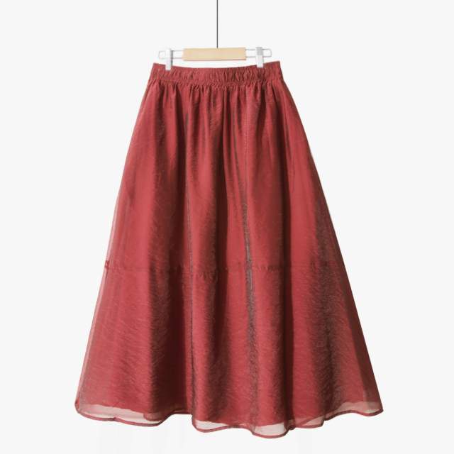Spring solid color simple and versatile Organ yarn thin sweet pleated high waist pocket mesh mid-length slim skirt