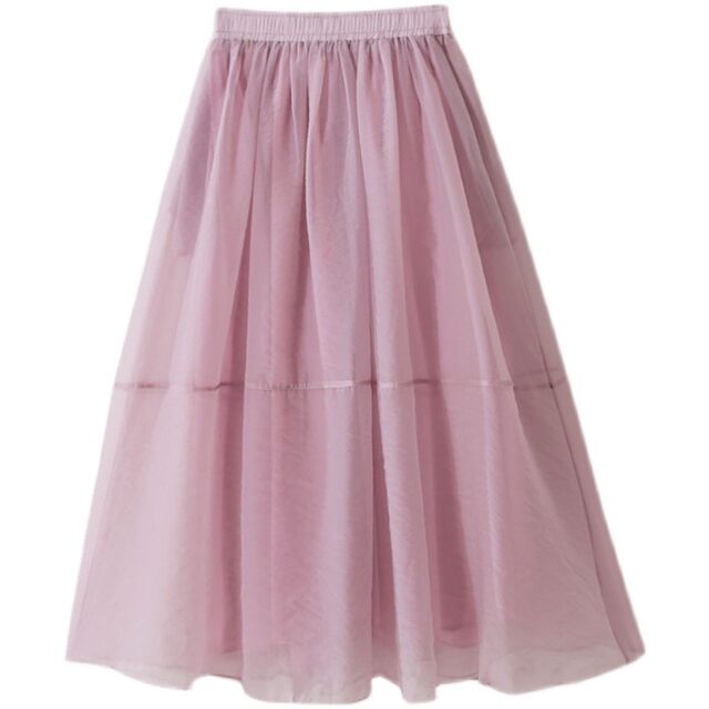 Spring solid color simple and versatile Organ yarn thin sweet pleated high waist pocket mesh mid-length slim skirt
