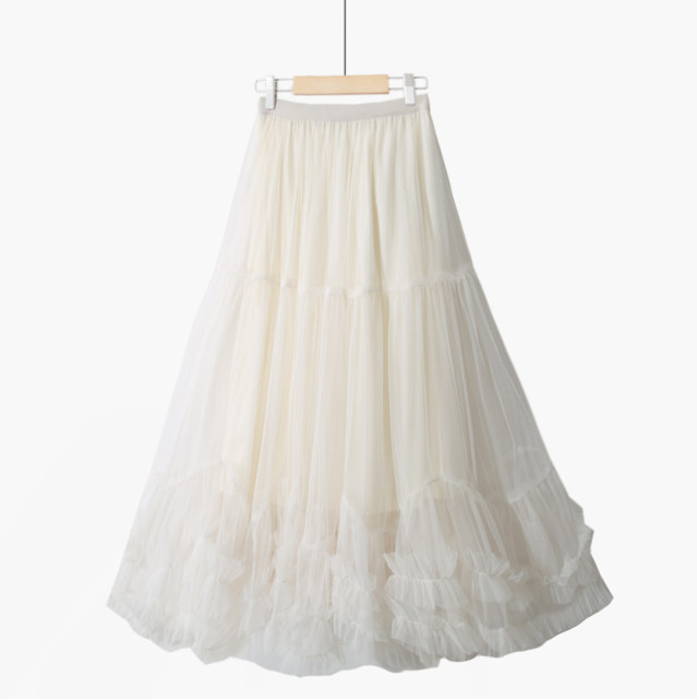 Spring versatile high-waisted lace oversized hem skirt solid color black ear splicing fairy skirt mesh long skirt slim skirt