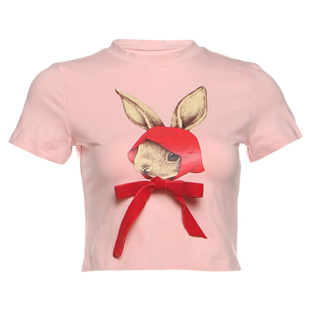 
Pink sweet and spicy cartoon rabbit printed round neck slim and versatile sexy short-sleeved shoulder T-shirt women's dopamine top