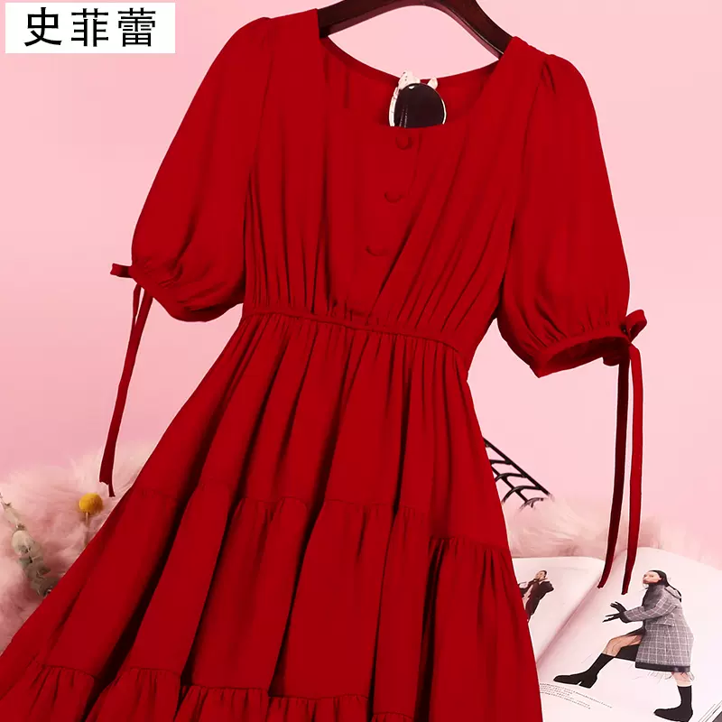 法式赫本复古桔梗小个子红色连衣裙孕妇收腰显瘦显高蛋糕