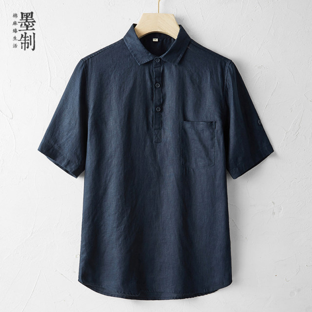 Summer thin pure linen short-sleeved T-shirt for men loose large size Chinese style cotton linen half-sleeved T-shirt and linen shirt