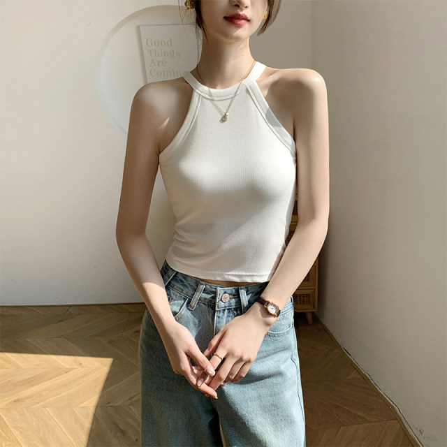 Black halter neck beautiful back suspender vest for women summer short style with chest pad cup integrated inner top