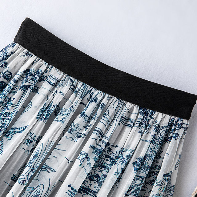Chinese style commuting retro literary printed silk mulberry silk skirt small midi skirt flowing with flowing