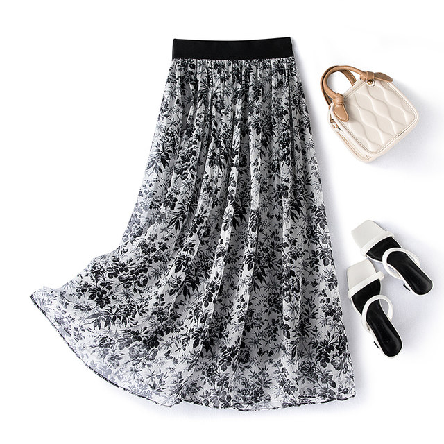 Silk skirt summer elastic waist skirt mulberry silk long skirt fairy skirt print high waist cover flesh to make you look thin
