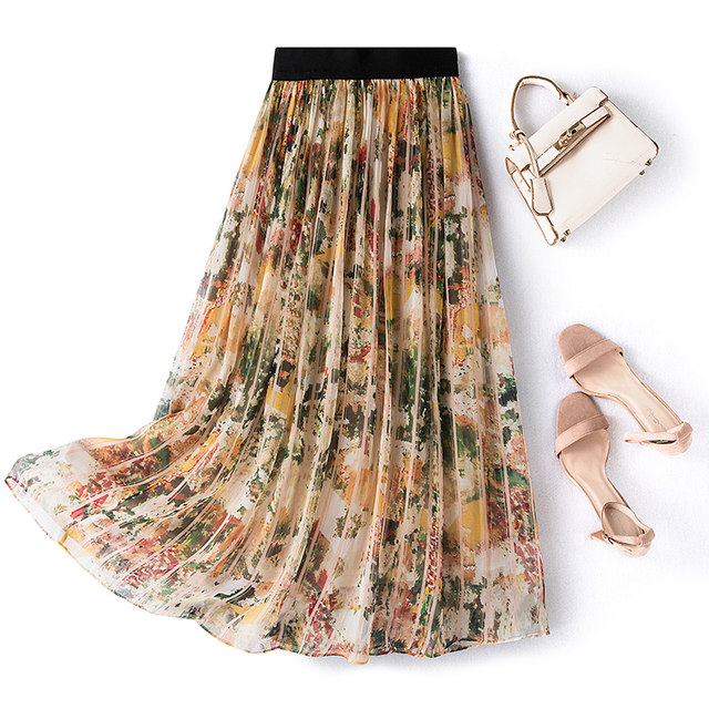 Silk skirt summer elastic waist skirt mulberry silk long skirt fairy skirt print high waist cover flesh to make you look thin