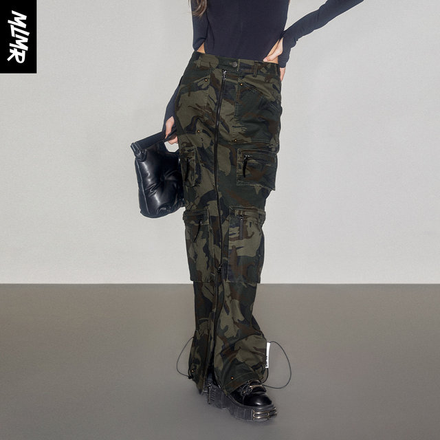 MLMR Autumn New Denim Camouflage Half-length Skirt for Women Trendy Personality Cool Retro One-Step Zipper Skirt