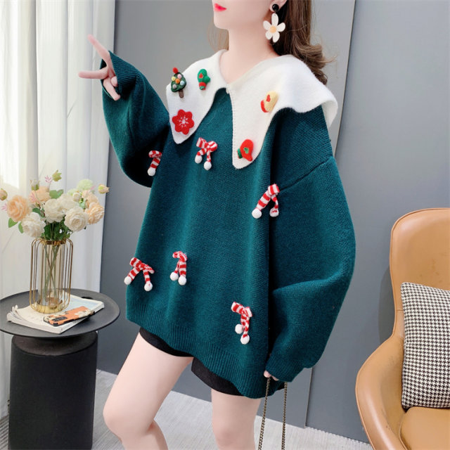 Sweet and gentle style Christmas red doll collar sweater for women in autumn and winter 2023 new Korean style top