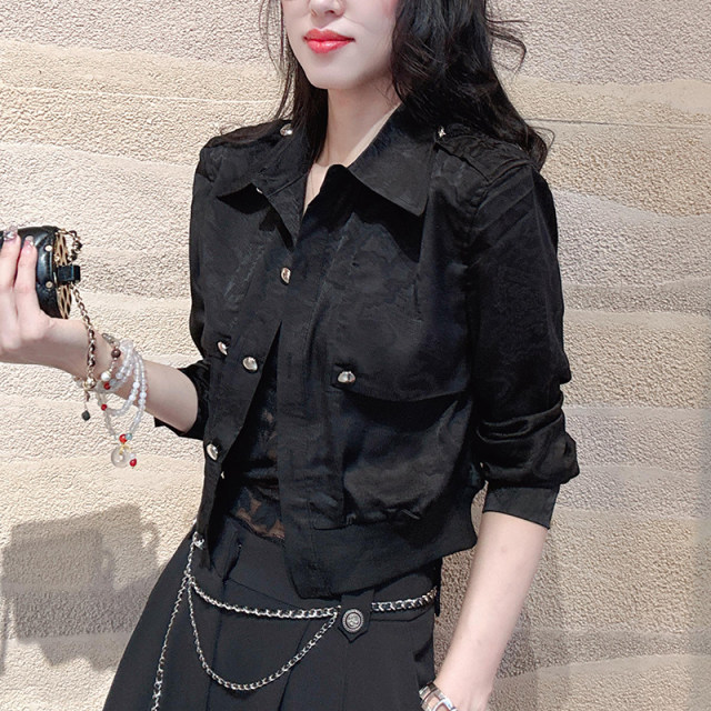 Short jacket for women 2025 spring new high-end printed satin slim black jacket design top
