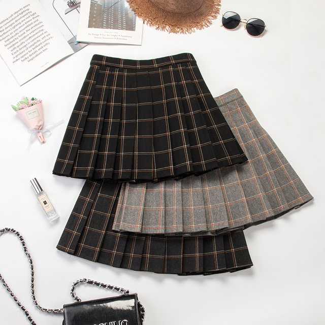 Pleated skirt female autumn and winter hair grid skirt high waist tight large size A -line skirt Short models thin winter skirt
