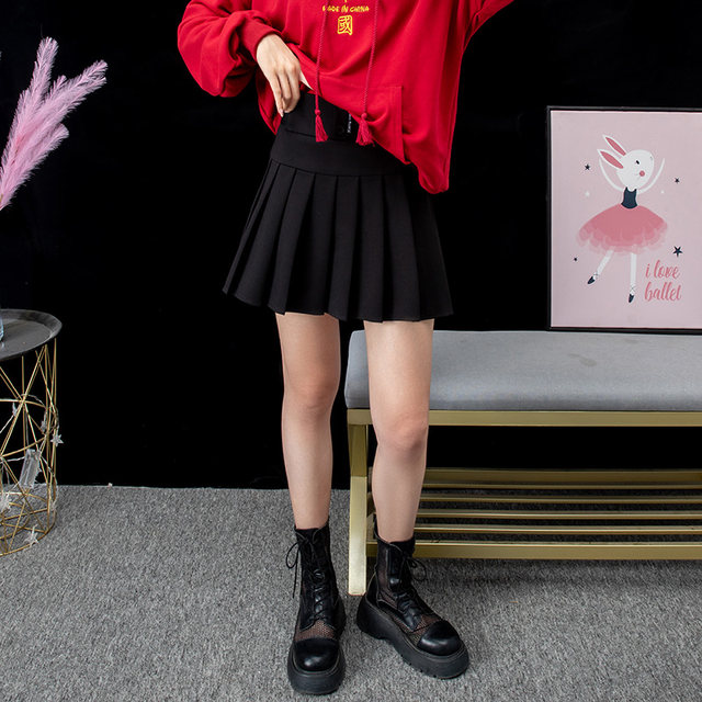 High -waisted pleated skirt Female A -character is thin autumn and winter elastic loose short skirt Black umbrella skirt design feels letters