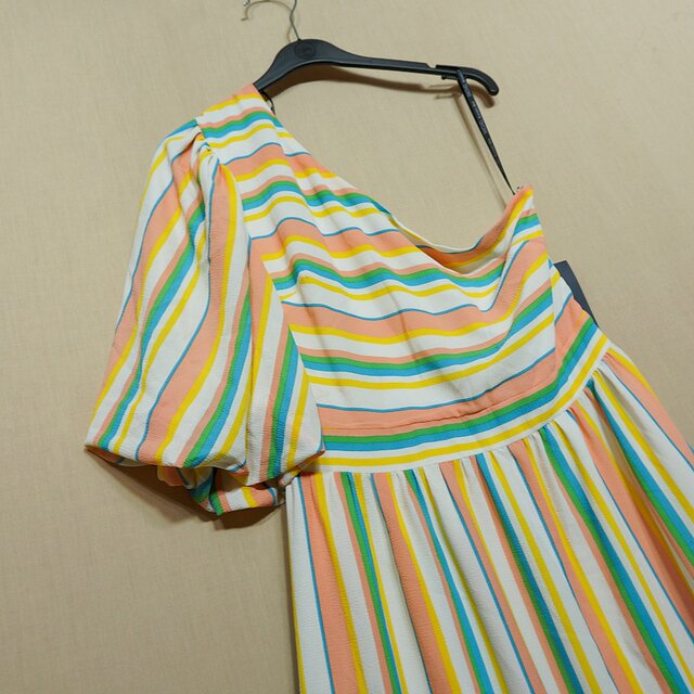 Foreign trade Original Women's Fashion Summer New Seven Color Striped Waist Limited Short -Shop Short -sleeved Long Skirt Women's Dress