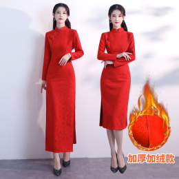 Ceremonial welcome cheongsam plush winter winter long-sleeved dress thick winter dress red wedding maid home dress