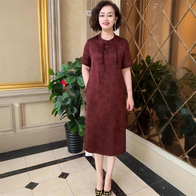 Summer short-sleeved Chinese-style silk satin jacquard dress, fashionable age-reducing mother's dress, Xiangyun gauze western-style long skirt