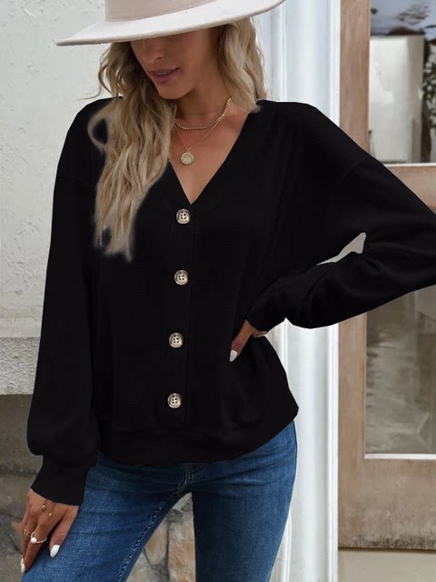 European and American cross -border export autumn clothing women's long -sleeved loose T -shirt V -necklashes of New Blocks Kasdono large size leisure solid color tither fat M
