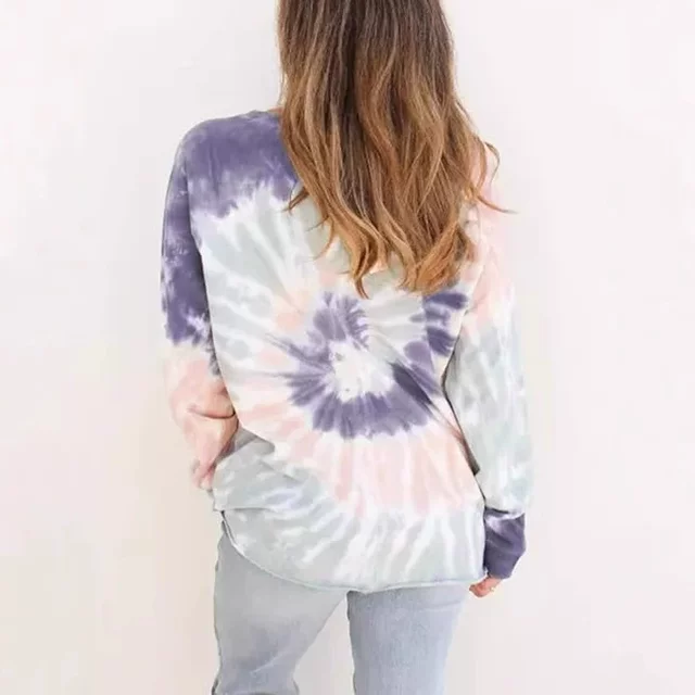 European and American cross-border exports spring and autumn trendy women's long-sleeved round neck loose T-shirt tops oversized tie-dye pullover