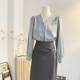 High-end gray beaded V-neck satin shirt for women 2025 spring temperament commuting long-sleeved shirt drooping top