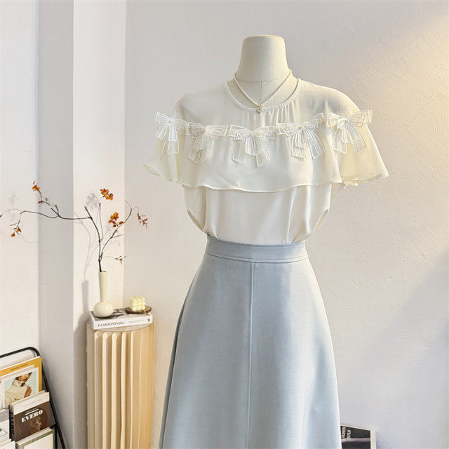 Spliced ​​French round neck short-sleeved shirt for women 2025 summer bow design niche chiffon shirt top