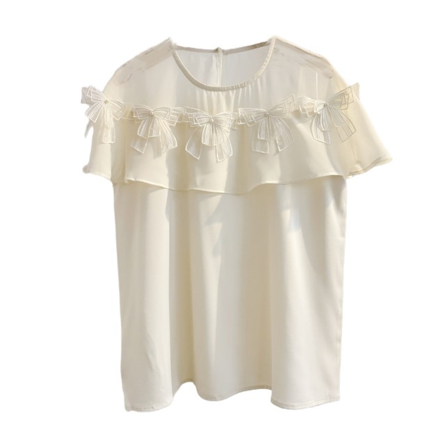 Spliced ​​French round neck short-sleeved shirt for women 2025 summer bow design niche chiffon shirt top