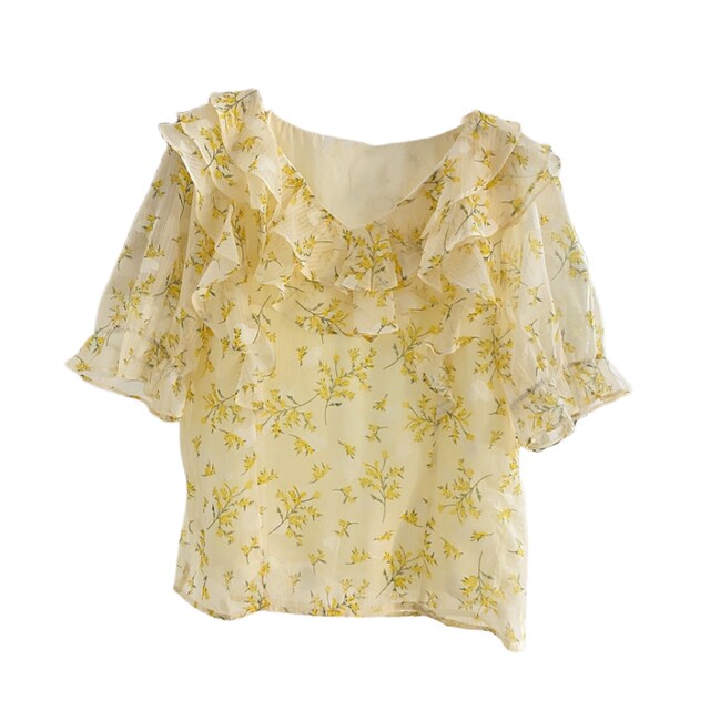 V-neck ruffled floral chiffon shirt sweet age-reducing short-sleeved shirt for women in summer design fashionable shirt top