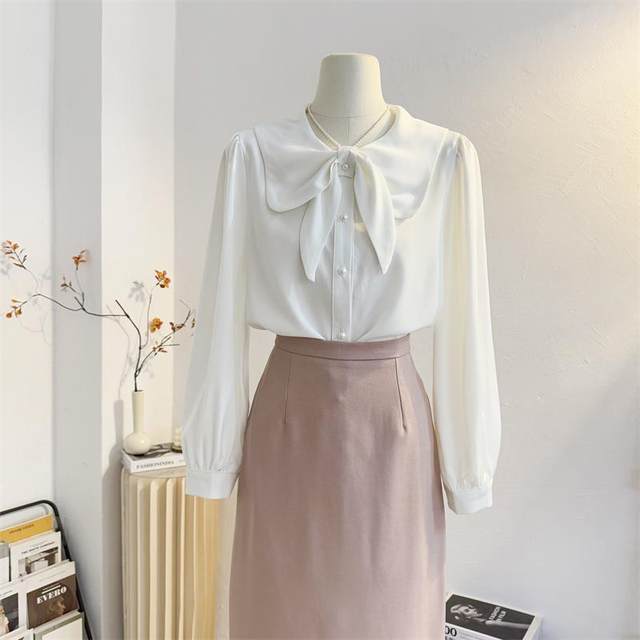 French doll collar bow satin shirt women's long sleeves 2025 spring temperament commuting shirt age-reducing top white