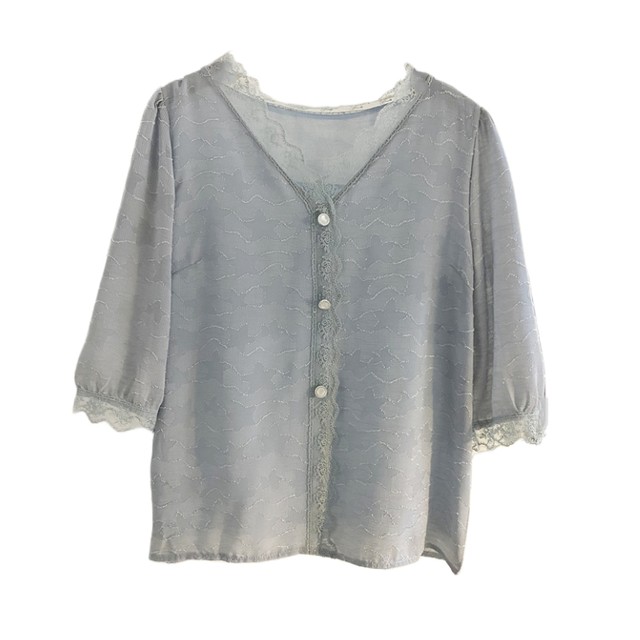 Lace lace V-neck chiffon shirt age-reducing jacquard shirt for women in summer design and fashionable 7-quarter sleeve shirt top