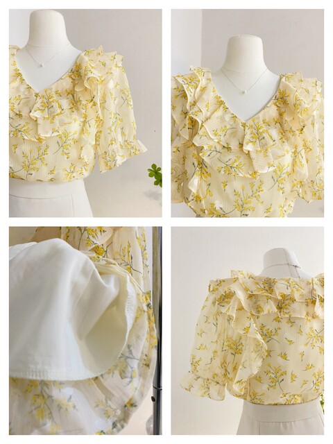 V-neck ruffled floral chiffon shirt sweet age-reducing short-sleeved shirt for women in summer design fashionable shirt top