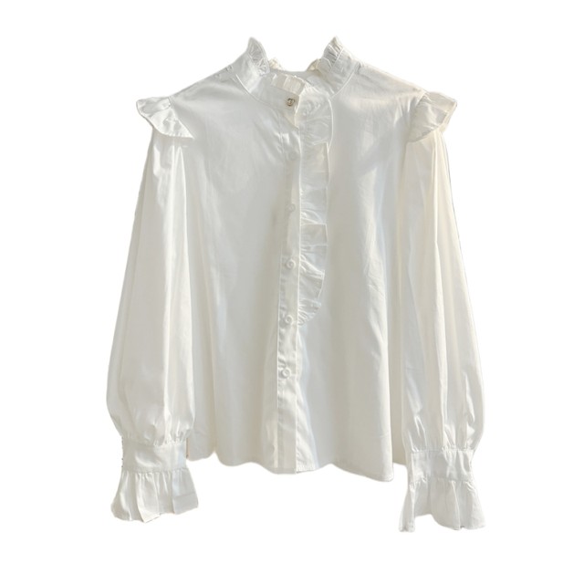 White fungus lace stand-up collar long-sleeved shirt for women 2025 spring design layered shirt sweet temperament top