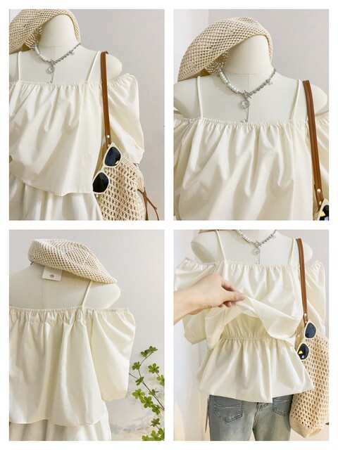 An off -the -shoulder suspender word collar bubble sleeve shirt female summer design sense short folds, waist, waist collar doll shirt top