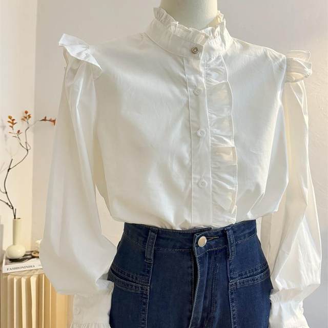White fungus lace stand-up collar long-sleeved shirt for women 2025 spring design layered shirt sweet temperament top