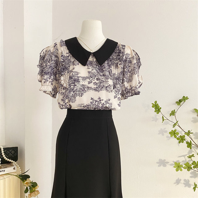 Ink printing doll collar puff sleeve chiffon shirt short-sleeved shirt women's summer design niche fashionable shirt top

