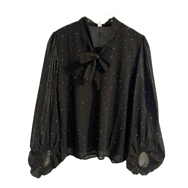 Sequin polka dot black lace-up bow chiffon shirt women's 2025 spring design lantern sleeve shirt top
