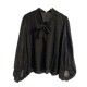 Sequin polka dot black lace-up bow chiffon shirt women's 2025 spring design lantern sleeve shirt top
