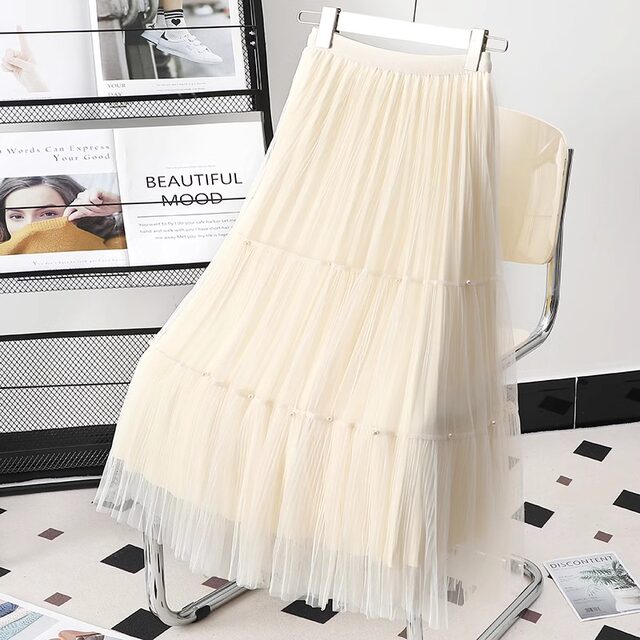 Mesh beaded skirt for women with pleated skirts for high waist mid-length A-line spring and summer two sides of spliced ​​long skirt