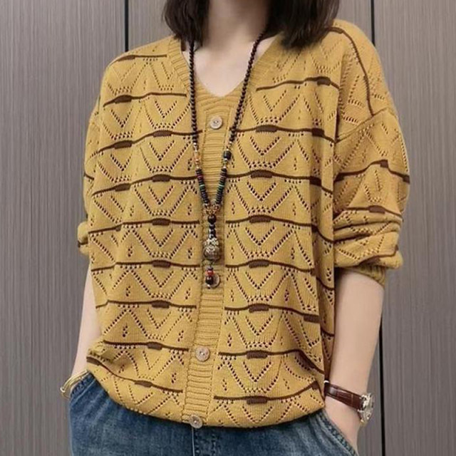 V -neck sweater women spring new stripes, loose color, thin size, fat MM cotton long -sleeved sweater top