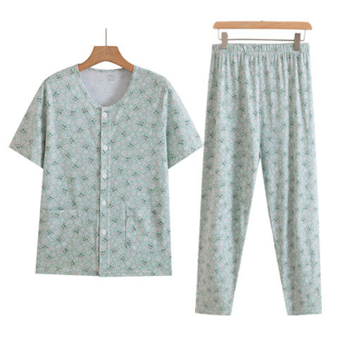 Middle-aged and elderly mothers pure cotton short-sleeved cardigan high-waisted trousers plus fat large size cardigan air-conditioning shirt summer pajamas set