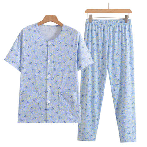 Middle-aged and elderly mothers pure cotton short-sleeved cardigan high-waisted trousers plus fat large size cardigan air-conditioning shirt summer pajamas set