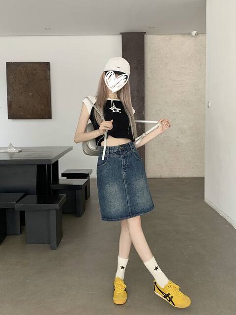 Large size retro high waist A-line denim skirt for women in summer new style fat girl high waist belly-covering and slimming midi skirt