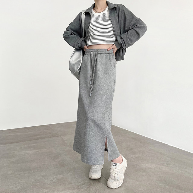 Gray skirt for women 2025 new spring and autumn high waist A-line hip midi skirt tensile straight slit sweat skirt