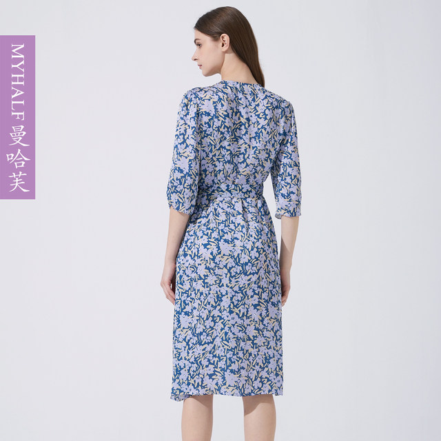 Manhaf brand women's 25-quarter sleeve printed dress V-neck waist-hugging temperament elegant mid-length skirt tea break skirt
