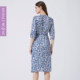 Manhaf brand women's 25-quarter sleeve printed dress V-neck waist-hugging temperament elegant mid-length skirt tea break skirt
