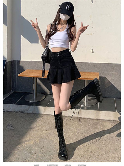 Black denim skirt for women summer American high waist A-line pleated small hip hot girl skirt fishtail skirt

